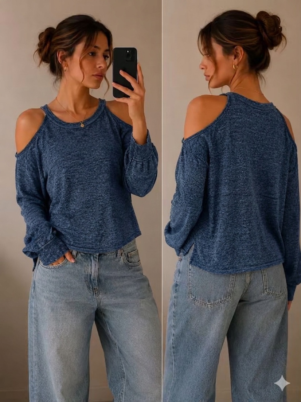 Free People We The Free Washed Blue Cold Shoulder Long Sleeve Top M | 0447